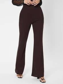 SHEIN Tall 高個女款純色後拉鍊寬腿長褲 - 咖啡棕 - 查看 4
