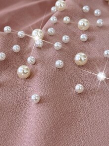 Viva Relle Plus Size Women's Off-Shoulder Ruched Faux Pearl Decor Elegant Waist-Cinching Party Dress - Pink - View 7