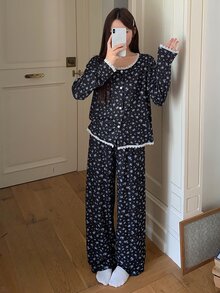DAZY Women's Ditsy Floral Long Sleeve Single-Breasted Top And Pants Pajama Set - Navy Blue - View 6