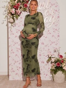 Loomaby 孕婦紮染印花圓領長袖抓褶修身優雅洋裝，棕色孕婦裝，適合孕期拍照、性別揭曉派對、嬰兒洗禮派對 - 綠色 - 查看 4