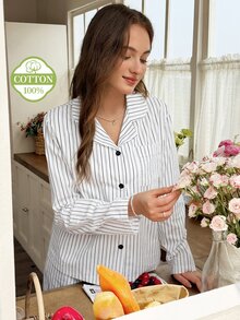 Snug Reverie Minimalist Striped Lapel 100% Cotton Long Sleeve Pajama Set For Women, Comfortable Loungewear For Autumn - White - View 5