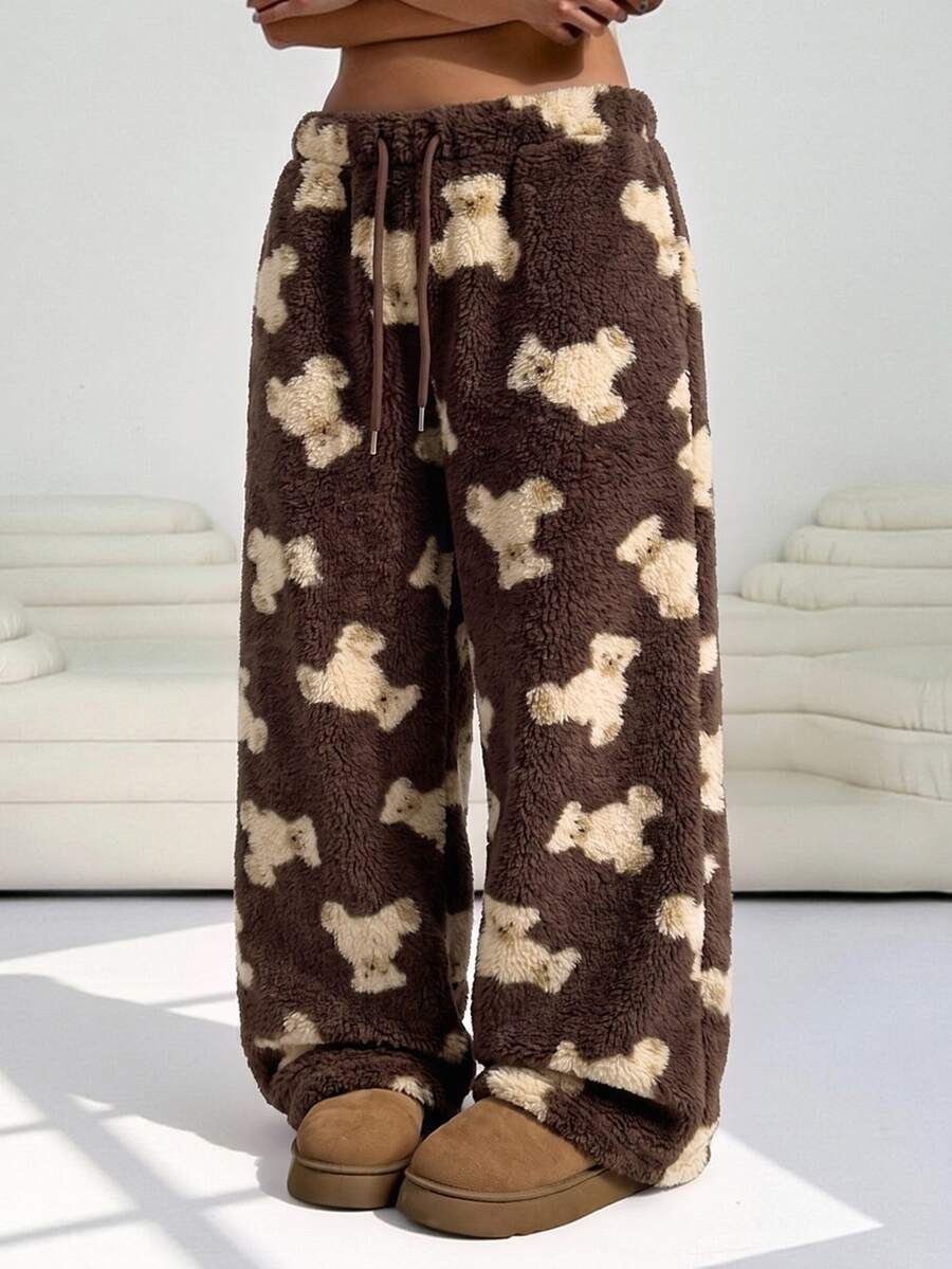 Solflare Plus Size Bear Print Warm Fuzzy Pants, Winter Brunch Bussines Dinner Lounge Office Beige Casual - Chocolate Brown - View 1