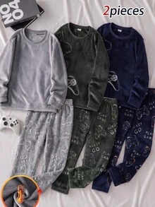 2pcs/Set Boys Fashion New Solid Color Crew Neck Long Sleeve Top With Game Pattern Element Full Print UV Shines Glowing Long Pants Double-Sided Flannel Fuzzy Pattern Print Loungewear Pajamas - Multicolor - View 5