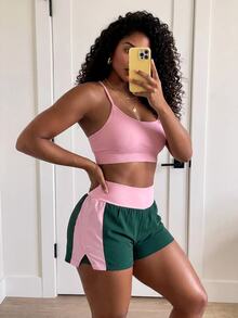 SHEIN Core Rhythm Women's Sports Yoga Outdoor Gym Workout Shorts, 2 In 1 Design, Side Geometric Contrast Color, Small Inverted V-Shaped Hem, Inner Lining With Pockets, Wide Waistband With Contrast Color - Multicolor - View 1