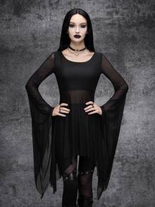 Cryptelle Women's Gothic Style Jacquard Mesh Flowy Batwing Sleeve Top Autumn/Winter Black Witch Halloween Party Outfit Costume - Black - View 5