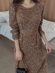 DAZY Women's Elegant Sequin Pleated Long Sleeve Dress For Vacation - Khaki - View 4