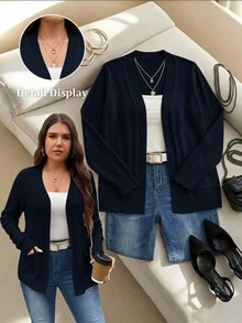 SHEIN LUNE كارديجان نسائي مقاس كبير كاجوال ناعم بقصة مرنة ولون سادة أزرق مغبر، محبوك، متعدد الاستخدامات، مناسب للخريف والمكتب والمناسبات الرسمية - أزرق غامق - مشاهدة 5