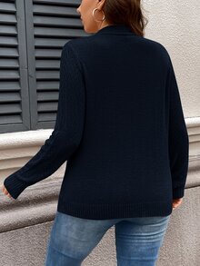 SHEIN LUNE كارديجان نسائي مقاس كبير كاجوال ناعم بقصة مرنة ولون سادة أزرق مغبر، محبوك، متعدد الاستخدامات، مناسب للخريف والمكتب والمناسبات الرسمية - أزرق غامق - مشاهدة 2