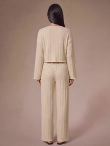 Lazeform Solid Color Casual Cable Knit Textured Jacquard Long Sleeve Pants Pajama Set For Women - Apricot - View 2