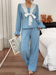 Napfluff Women's Contrast Trim Front Tie Jacquard Short Sleeve Loose Long Sleeve Long Pants Pajama Set - Blue - View 5