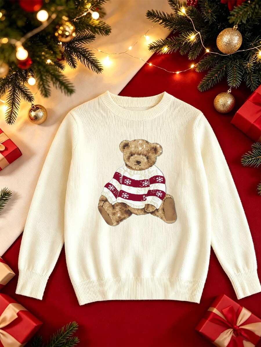 Pullover Rajut Motif Beruang Natal untuk Anak Perempuan Remaja, Cocok untuk Pesta Natal, Acara Keluarga, Ulang Tahun, Musim Gugur, Warna Putih Gading yang Lucu - Biru - View 1