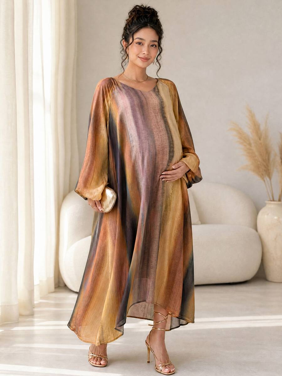 DAZY Striped Print Loose V-Neck Long Sleeve Lantern Sleeve Maxi Casual Vacation Spring Autumn Maternity Dress - Khaki - View 1