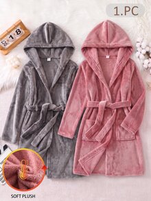 Girls' Home Clothes Kids Plush Tie-Front Robe, Autumn/Winter Hooded Bathrobe, Fleece Lined, Long Sleeve Solid Color With Pockets, Soft Comfortable Cute Pajamas - Coral Pink - View 8