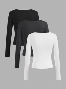 SHEIN EZwear 女款素色方領長袖休閒百搭T恤（3件組） - 彩色 - 查看 2
