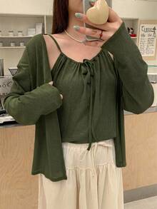 Dazy Plus Korean Style Solid Color Camisole Cardigan Casual Spring/Autumn New Blue 2 Pieces Set Long Sleeve Tops - Army Green - View 1