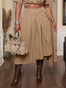 SHEIN CURVE+ Plus Size Autumn/Winter Bodycon Asymmetrical Pleated Skirt - Khaki - View 9