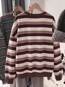 SHEIN EZwear 秋冬新款彩色條紋學院風基本款圓領長袖女款套頭運動衫，適合日常通勤、約會、聚會、秋冬、夏季、派對、婚禮、海灘、畢業典禮等場合，優雅休閒，適合出遊、Y2K風格、音樂節等場景 - 白色 - 查看 2