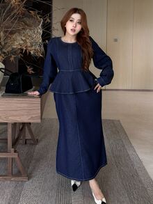 Dazy Plus Vintage Solid Color Washed Long Sleeve Patchwork Hem Long Denim Dress Elegant - Dark Wash - View 6