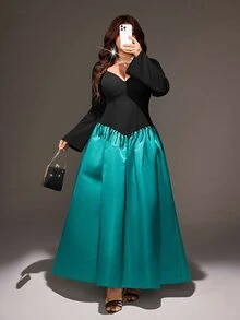 Viva Relle Plus Size Women's Colorblock Pleated Casual Elegant Party Evening Summer Dress Fall New Year Teal - Multicolor - View 2