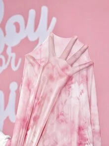 Loomaby Maternity Tie-Dye Print Round Neck Long Sleeve Pleated Elegant Dress Fall - Pink - View 12