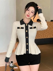 Joudiya 女款秋冬針織開襟衫 T-shirt，金屬鈕扣裝飾，黑色對比色，收腰設計，荷葉邊下擺，優雅通勤風長袖上衣 - 米色 - 查看 3