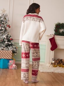 Chillnights Set Piyama Wanita Motif Salju Natal Warna Blok Mewah Lengan Panjang Kerah Bulat - MultiWarna - View 2