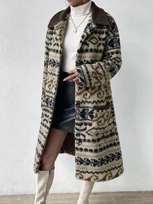 Ria Solene Patterned White Mid-Length Button-Up Women's Jacket - Multicolor - View 4