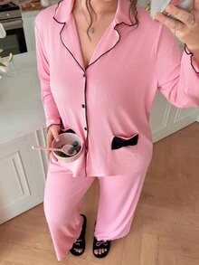 Slumberry CURVE Sweet Romantic Contrast Color Bow Trim Pocket Pink Knit Plus Size Pajama Set - Pink - View 2