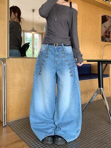 DAZY Women's Napoleon Korean Style Washed Heavy-Duty Casual All-Season Versatile Jeans - Blue - View 6