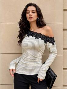 Selenza Striped Print Guipure Lace Appliques Asymmetrical Neck Blouse - Multicolor - View 8