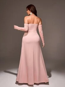 Viva Relle Plus Size Women's Off-Shoulder Ruched Faux Pearl Decor Elegant Waist-Cinching Party Dress - Pink - View 6