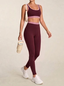 SHEIN BAE طقم رياضي نسائي من توب بدون أكمام بتصميم مربعات ورقعات مع ليقنز - عنابي اللون - مشاهدة 6