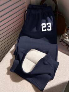 SHEIN EZwear 女款秋冬保暖內裡極簡前綁帶寬鬆運動長褲，休閒日常穿著，適合返校季，深藍色 - 藏蓝色 - 查看 5