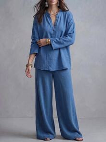 New Fashion Casual Retro Blue Basic Style Small Stand V-Neck Design With Button, Long Sleeve Matching Wide Leg Pants Set. Women's 2 Pieces Set - Blue - View 6