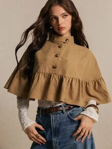 Poéselle Women's Camel Ruffle-Hem Cape Blouse – Stand-Collar Button-Front Cropped Poncho Top Winter Jacket Casual Blouses Y2k Going Out Tops Halloween Costume - Khaki - View 4