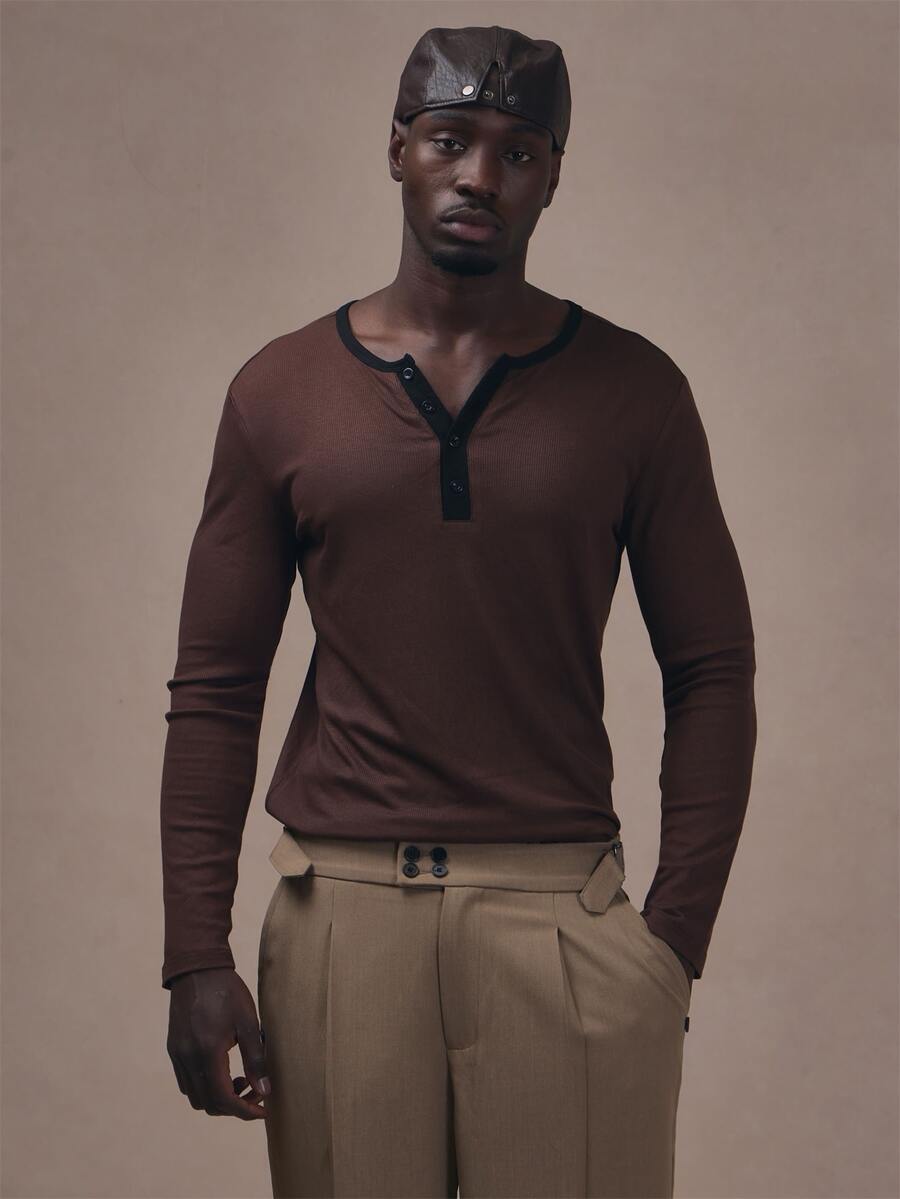 Musero Long Sleeve Slim Fit Crop Length Contrast Ribbed Long Sleeve Top Autum Winter Essentials - Brown - View 1