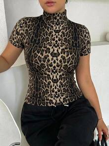 Dazy Plus Plus Size Women's Short Sleeve Leopard Print Turtleneck Base Layer T-Shirt - Brown - View 1