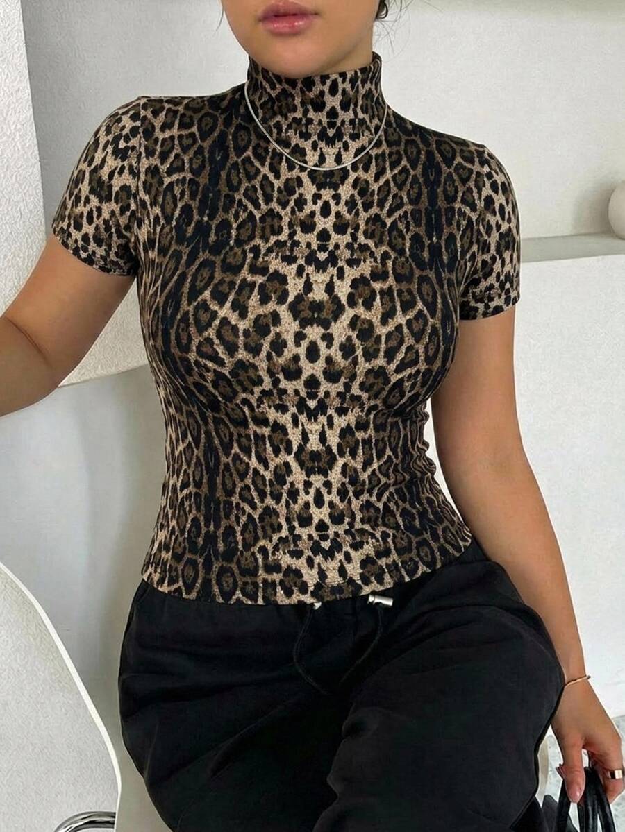 Dazy Plus Plus Size Women's Short Sleeve Leopard Print Turtleneck Base Layer T-Shirt - Brown - View 1