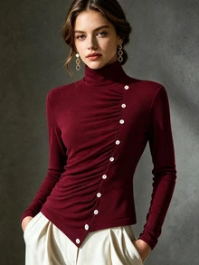 Trelyra Camiseta de cuello alto sólido con botones delanteros, cintura fruncida y ajuste ceñido - Burdeos - Ver 1