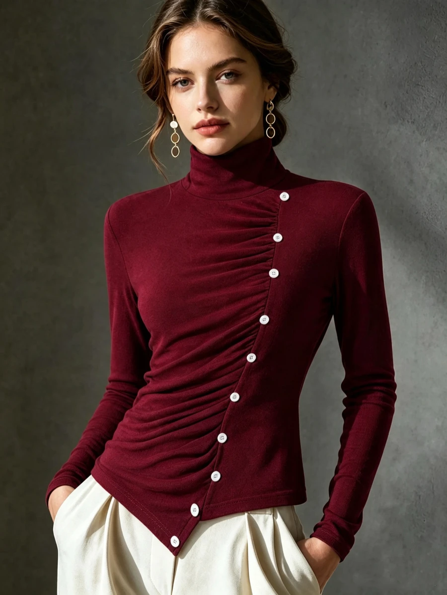 Trelyra Camiseta de cuello alto sólido con botones delanteros, cintura fruncida y ajuste ceñido - Burdeos - Ver 1