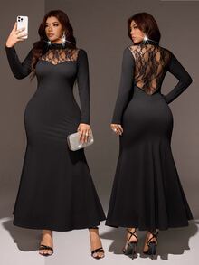 Viva Relle Plus Size Small Stand Collar Lace Patchwork Semi-Stand Collar Long Sleeve Dress Sexy Slim Fit Bodycon Mermaid Maxi Evening Gown - Black - View 8