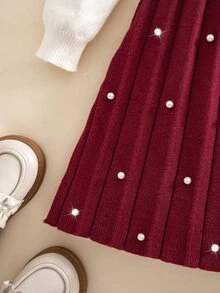 SHEIN Young Girl Loose Casual Minimalist Comfortable Peter Pan Collar Patchwork Contrast Color Bowknot Decor Sweater Dress - Red - View 4