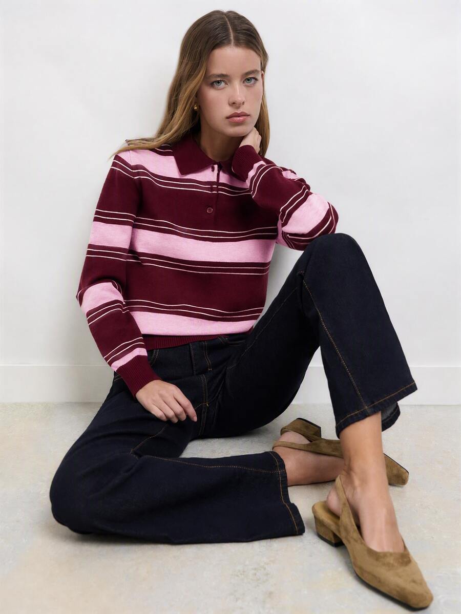 Nöista Knitted Casual Polo Collar Striped Shirt - Burgundy - View 1