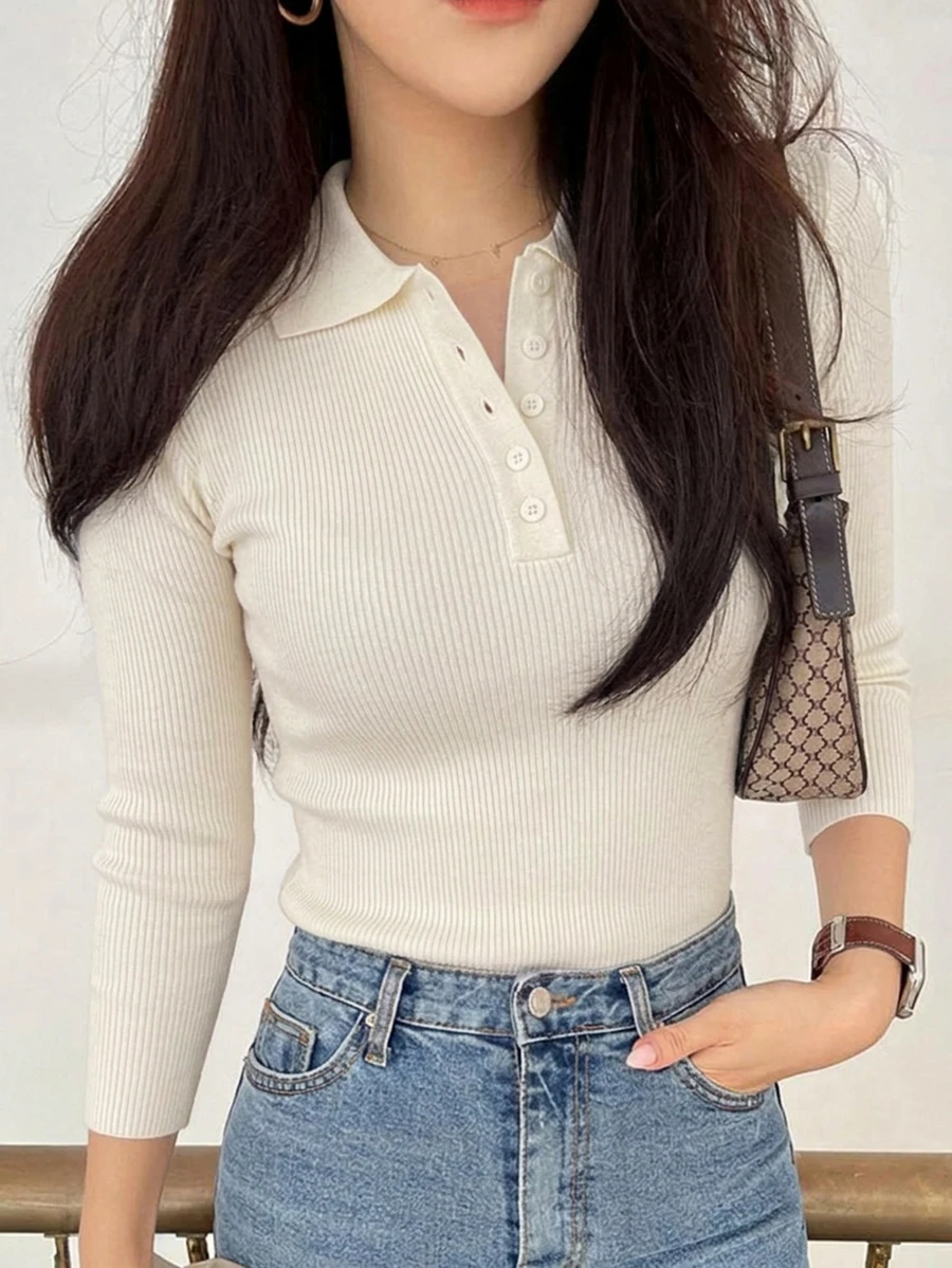 DAZY 女款純色前排扣長袖休閒襯衫,適合夏季與秋季 - 白色 - 查看 1