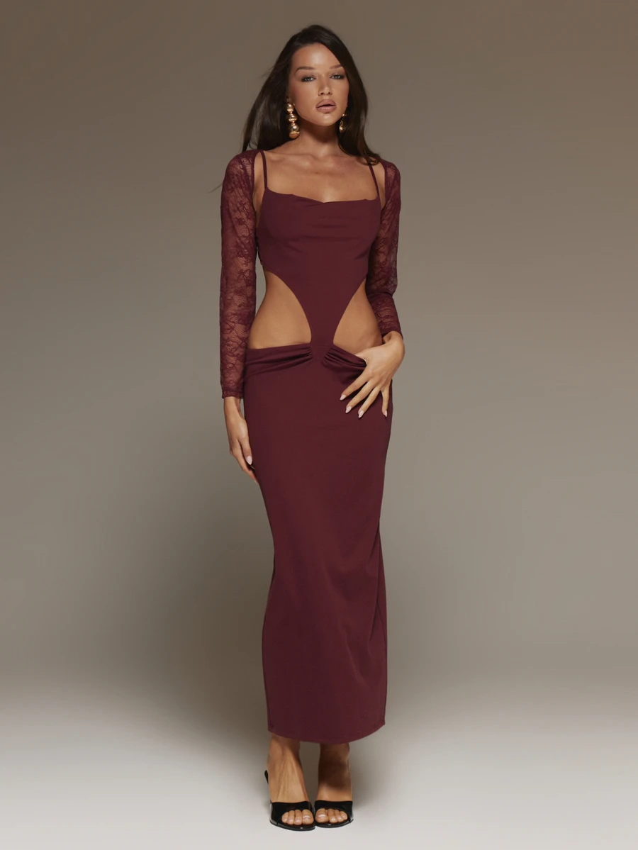 MUSERA Red Cut Out Maxi Dress With Lace Bolero Autumn Winter Going Out Dating Christmas Holidays - Burgundy - View 1