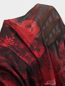 Sweetra European Women's Plus Size Waist Pleated Tie Print Asymmetrical Hem Mesh Skirt - Multicolor - View 4