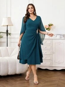 Reflora 大尺碼優雅深綠色女款婚禮賓客禮服，秋季水晶裝飾晚宴禮服，正式舞會新郎母親祖母綠洋裝 - 水鴨藍 - 查看 1