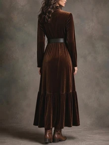 Balvessa Women's Elegance Brown Velvet Lapel Button-Stitched Pleated Maxi Dress Fall/Winter Many Occasions - Brown - View 2