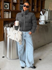 Muchica 棕色格紋保暖內裡加厚高領梭織女款填充外套，適合日常通勤、街頭穿搭、聚會，適用秋冬春夏 - 黑色 - 查看 3