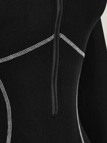 SHEIN ICON Plus Size Vintage Y2K Sexy Front Zipper Contrast Stitching Decor Slimming Tight Jumpsuit, Jumpsuit Outfit - Black and White - View 9